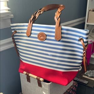 Dooney & Bourke Blue and White Striped Tote with Red Base